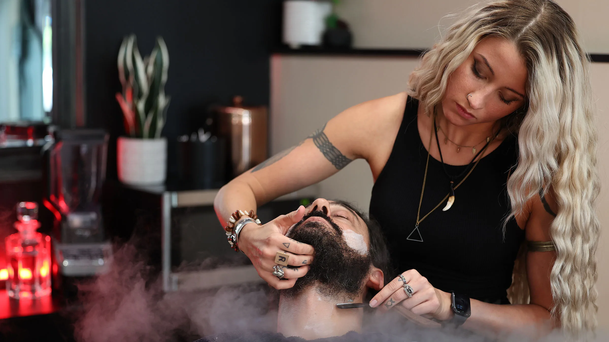 Straight-razor and barbering tools laid out at Black Hat Barber, downtown Willoughby Ohio