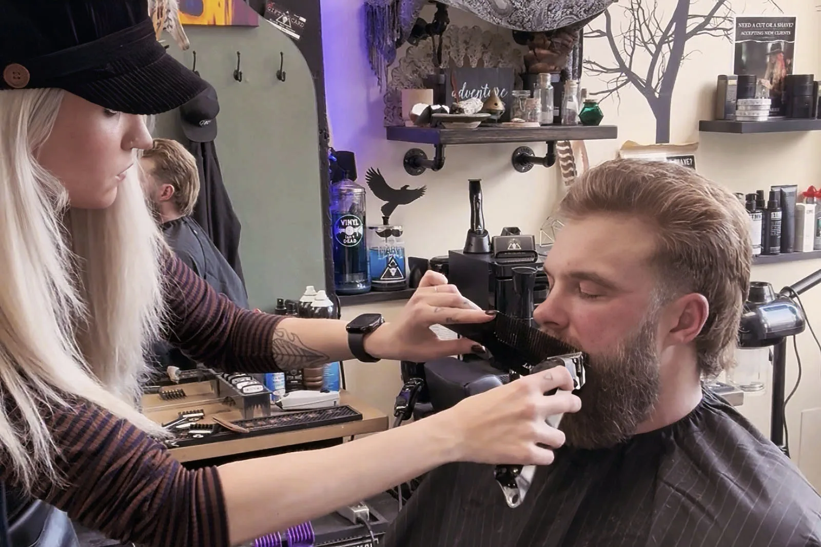 Beard oil and final comb-through after a trim at Black Hat Barber, Willoughby Ohio