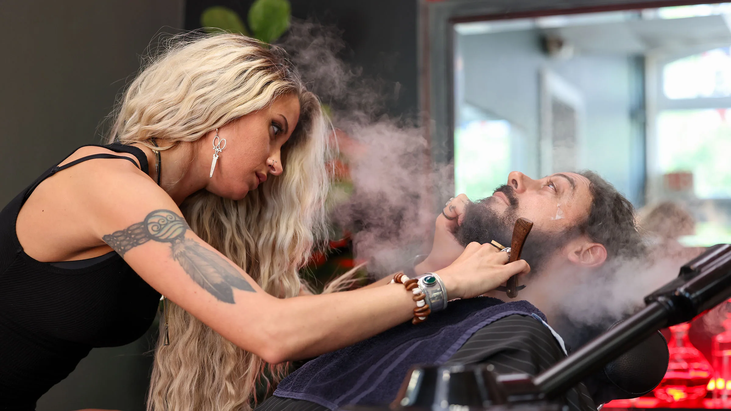 Traditional hot-towel straight-razor shave at Black Hat Barber in downtown Willoughby, Ohio